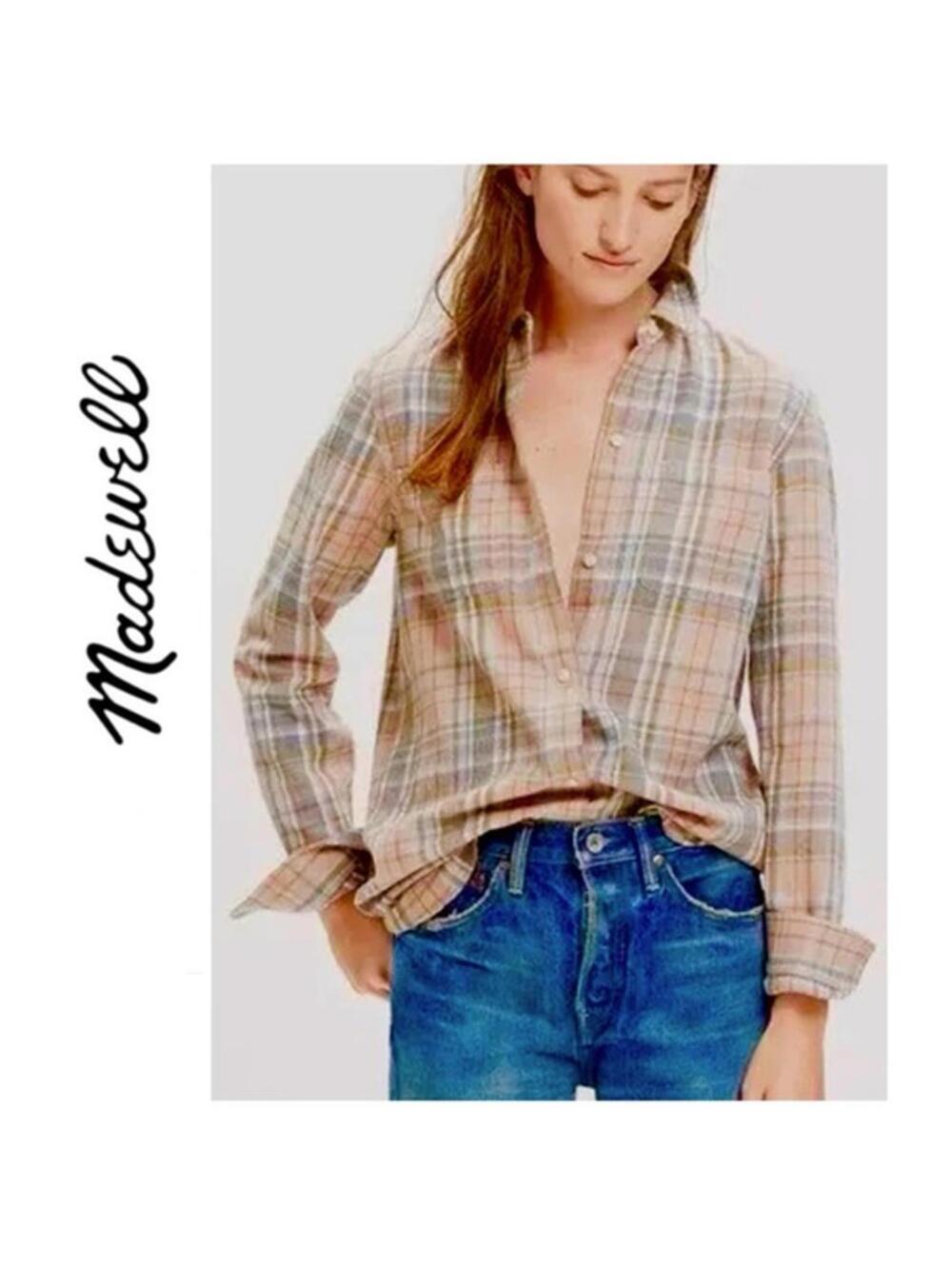 Madewell Ex-Boyfriend Flannel Button Down Shirt Pink/Grey M
